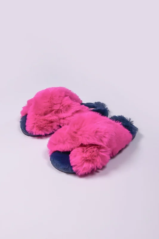 Fuschia Faux Fur Contrast Slippers