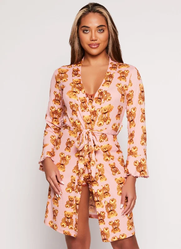 Teddy Bear Print Cami and Shorts with Robe