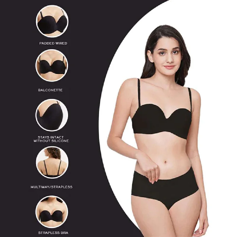 Basic Mold Padded Wired  Half Cup Everyday Wear Strapless Multiway Bra - Black