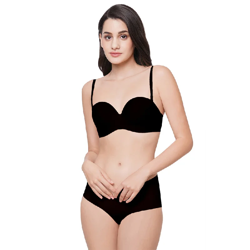 Basic Mold Padded Wired  Half Cup Everyday Wear Strapless Multiway Bra - Black