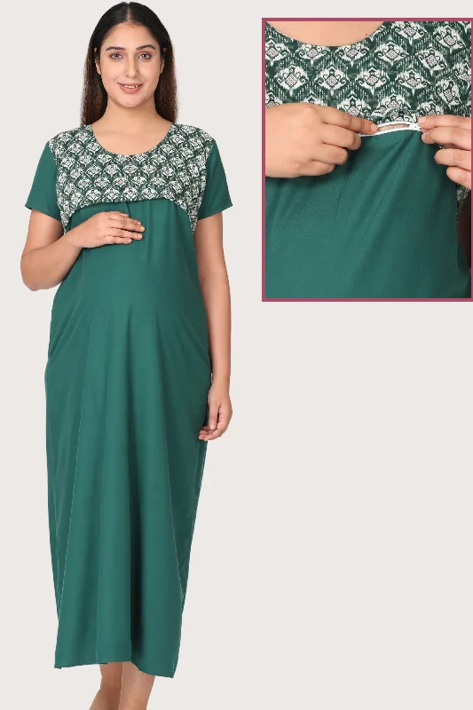 Green Plain Night Gown with Horizontal Nursing