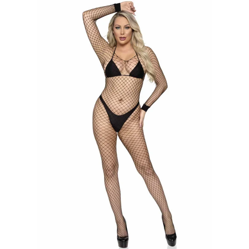 Long Sleeve Fishnet Bodystocking Black - Leg Avenue