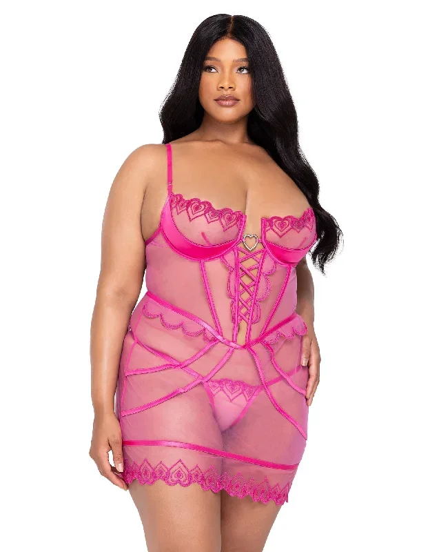 Valentines Bubblegum Heart Sheer Slip Chemise Set Pink Plus Size